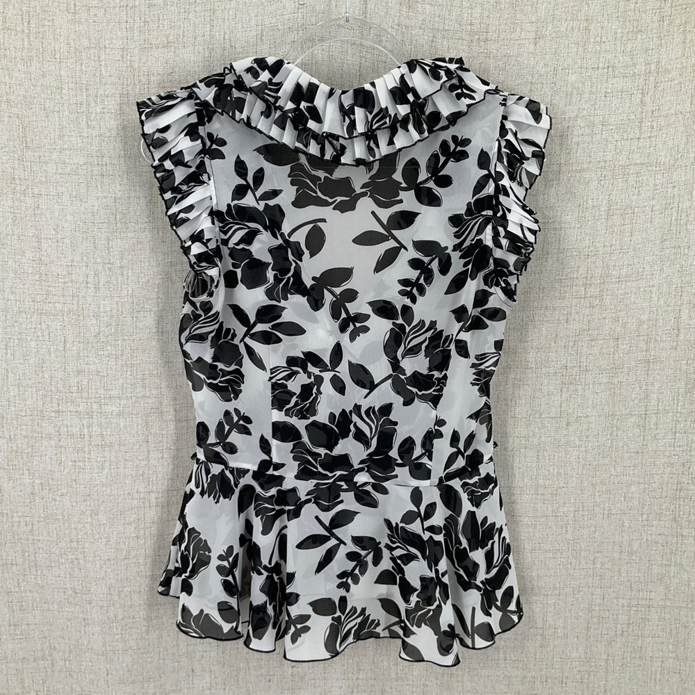 WHBM Blouse Women 6 Black White Floral Ruffle Peplum Romantic Flowy Airy - Picture 2 of 8